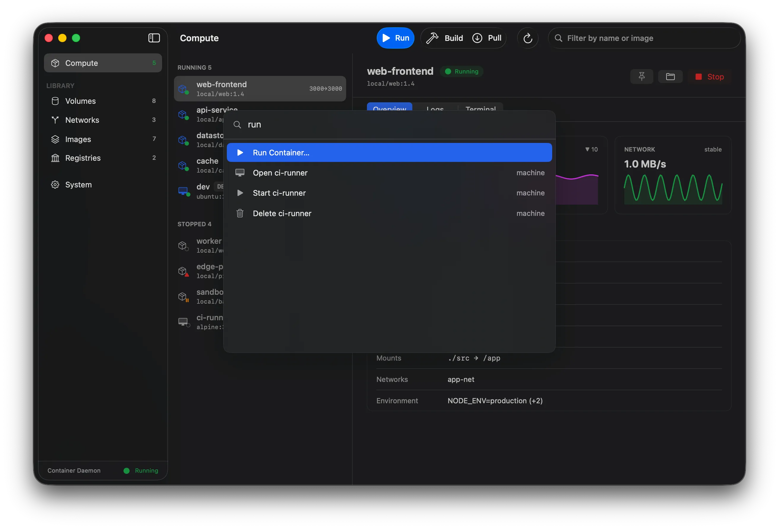 The command palette (⌘K) matching lifecycle actions for a container
