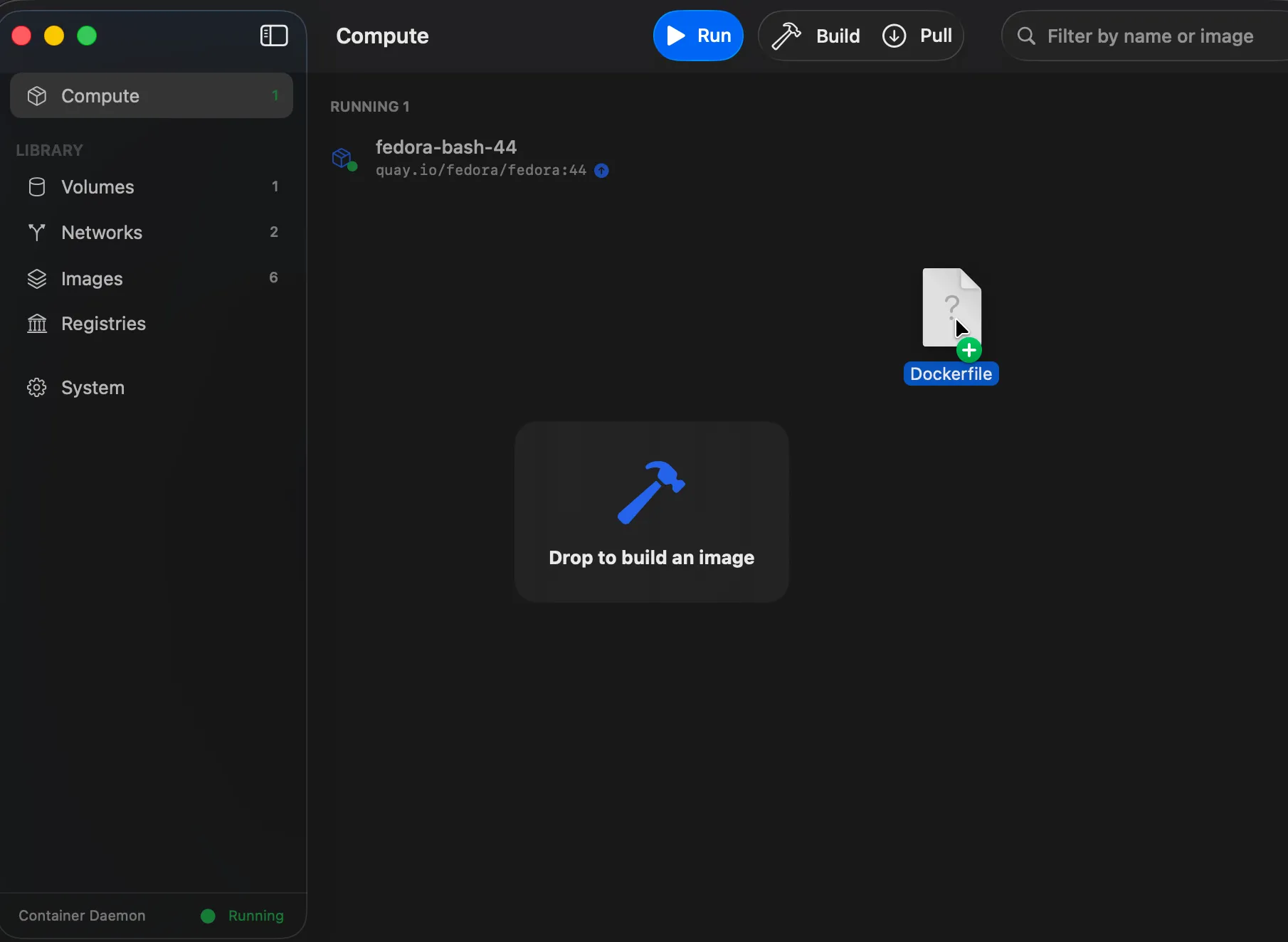 A Dockerfile mid-drag from Finder over Berthly's Compute view, with the 'Drop to build an image' overlay showing