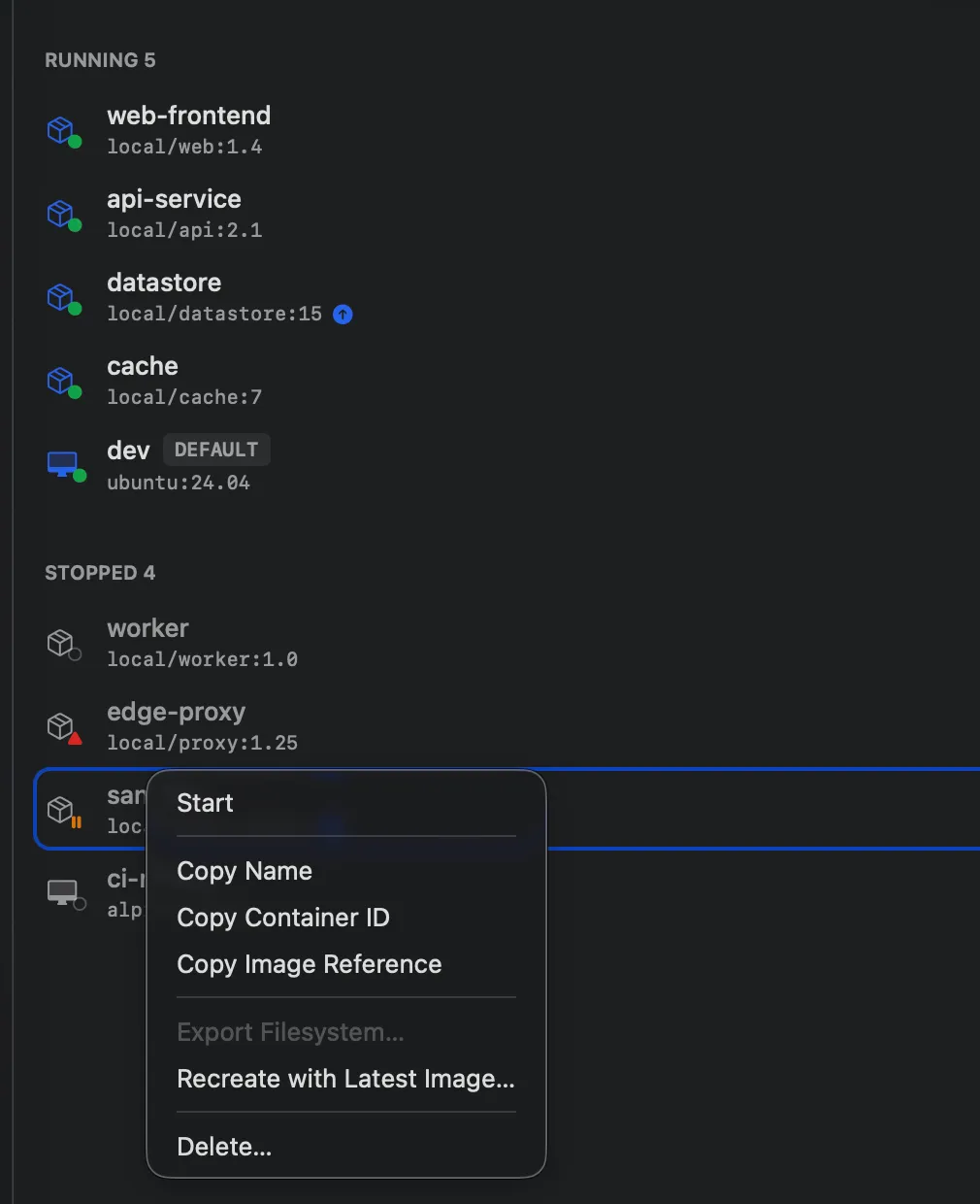 The Compute list showing an update badge on the datastore row, and the Recreate with Latest Image context menu item open