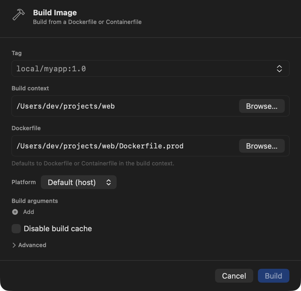 The Build Image sheet opened after a drop, with the Build context and Dockerfile fields already filled in and the Tag field focused