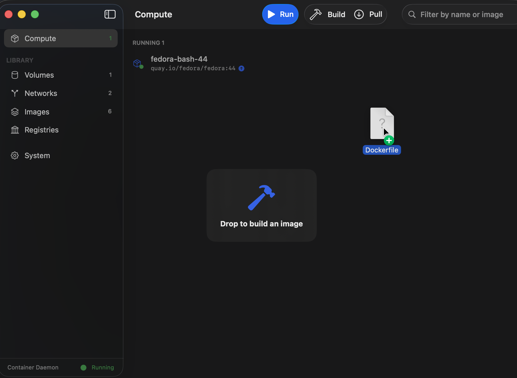 A Dockerfile mid-drag from Finder over Berthly's Compute view, with the 'Drop to build an image' overlay showing