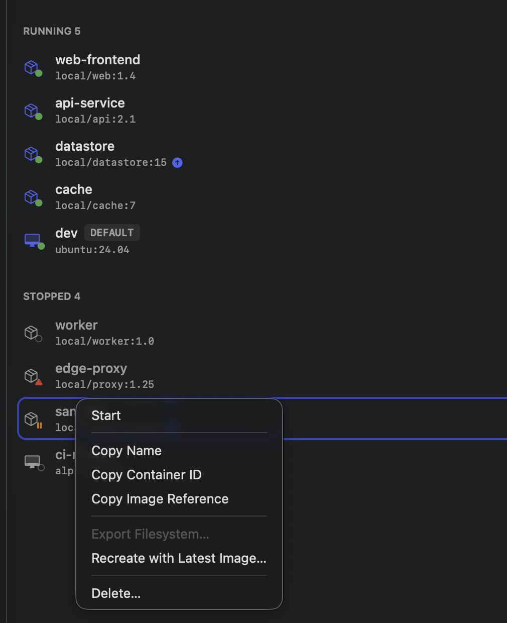 The Compute list showing an update badge on the datastore row, and the Recreate with Latest Image… context menu item open on the sandbox row